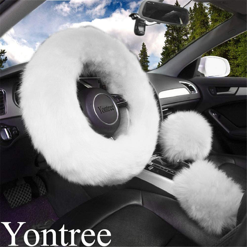 Yontree Fashion Fluffy Steering Wheel Covers for Women/Girls/Ladies Australia Pure Wool 15 Inch 1 Set 3 Pcs (Black) Vehicles & Parts > Vehicle Parts & Accessories > Vehicle Maintenance, Care & Decor > Vehicle Decor > Vehicle Steering Wheel Covers Yontree White Long Hair 