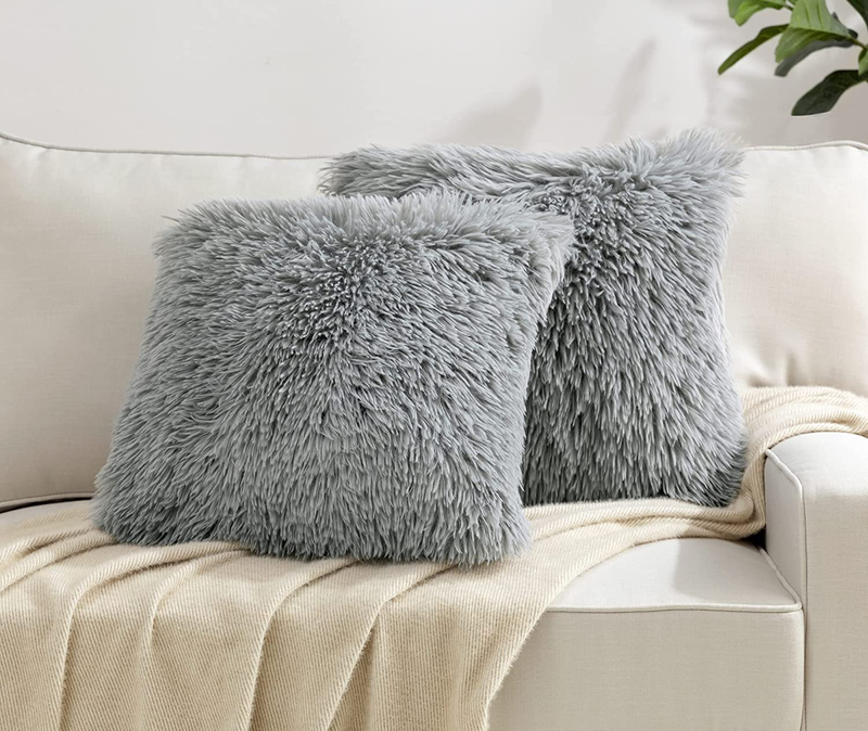 Hblife Pack of 2 Decorative Faux Fur Throw Pillow Covers Super Soft Luxury Cushion Pillowcase Fluffy Fuzzy Square Pillow Case for Bed Sofa Chair, 18X18 Inch Grey Home & Garden > Decor > Chair & Sofa Cushions HBlife Grey 20" x 20" 