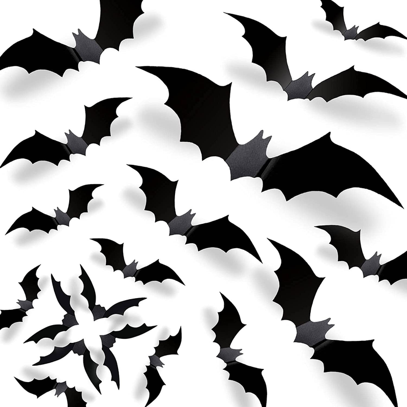Halloween 3D Bats Decorations, 70 Pcs 5 Different Sizes Reusable PVC Scary Black DIY Bat Stickers Realistic Vintage Goth Wall Decals for Home Decor Bathroom Garage Front Door Office Kitchen Window Indoor Outdoor Gothic Spooky