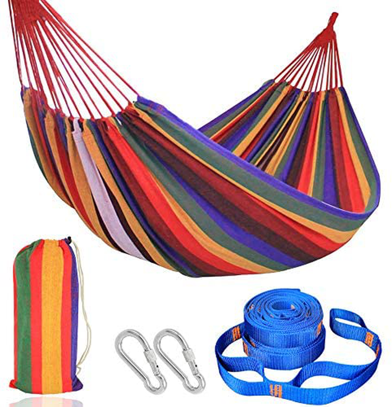 PIRNY Large Double Cotton Hammock,Hanging Swing Bed,Up to 500 Lbs,incude 20 ft of Tree Swing Straps and 2 Carabiner,for Indoor Outdoor Garden Patio Park Porch(Double Rainbow Stripes) Home & Garden > Lawn & Garden > Outdoor Living > Hammocks PIRNY Double Rainbow Stripes Full 