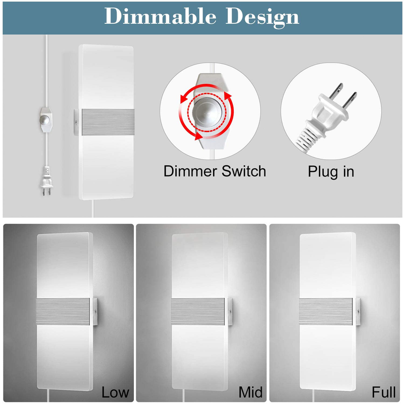 Dimmable Wall Sconces Plug in Set of 2, LIGHTESS Modern Wall Lamp 12W Acrylic LED Wall Light Fixture for Living Room Bedroom Corridor, Cool White Home & Garden > Lighting > Lighting Fixtures > Wall Light Fixtures KOL DEALS   