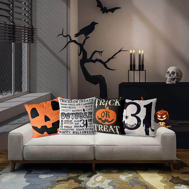 Halloween Decorations Clearance,Set of 4 18x18 Halloween Pillow Covers Decor Indoor Outdoor,Trick or Treat Jack O' Lanterns Spider Halloween Party Farmhouse Decorative Throw Pillow Cases for Home