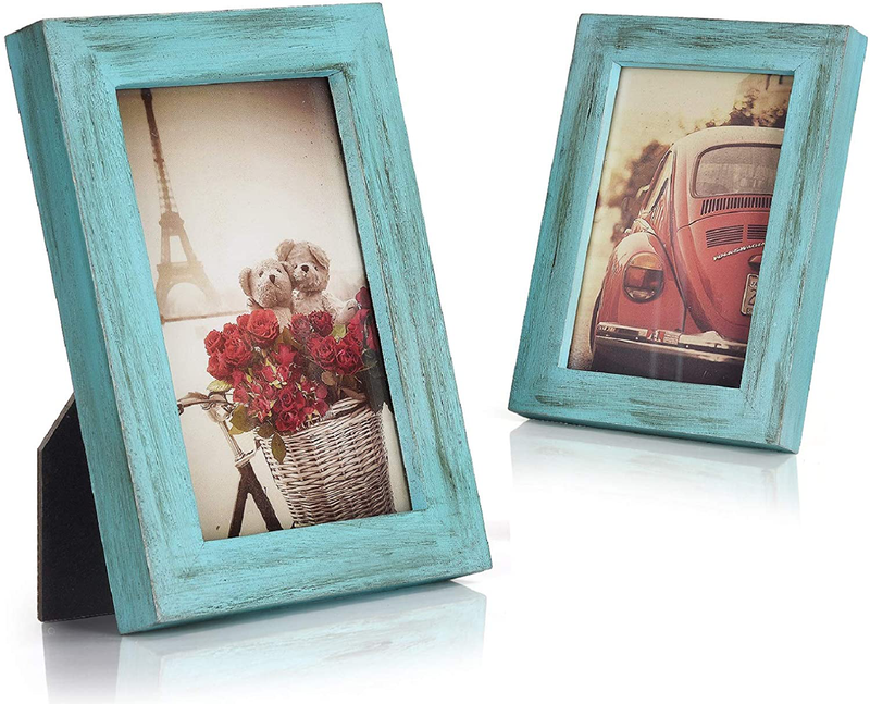 Emfogo 4x6 Picture Frame Photo Display for Tabletop Display Wall Mount Solid Wood High Definition Glass Photo Frame Pack of 2 Carbonized Black Home & Garden > Decor > Picture Frames Emfogo Vintage Cyan 4x6 inch 
