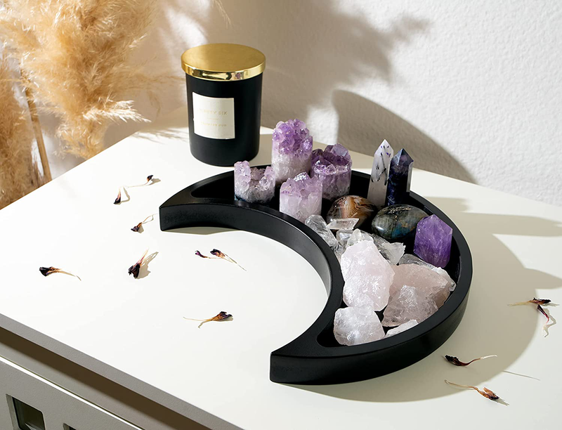 Moon Tray Crystal Holder Display - Black Wooden Crystal Tray for Stones, Healing Crystals Storage and Organizer - Crescent Gothic Witchy Coffin Spiritual Decor - Essential Oil Holder - Jewelry Dish Home & Garden > Decor > Decorative Trays LABEND HOME   