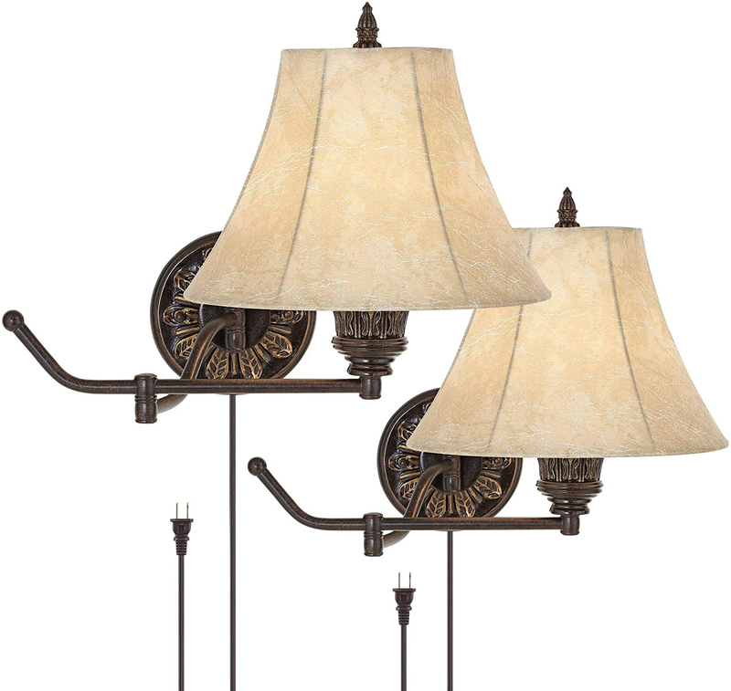 Rosslyn Rustic French Country Swing Arm Wall Lamps Set of 2 Bronze Plug-In Light Fixture Faux Leather Bell Shade for Bedroom Bedside House Reading Living Room Home Dining - Barnes and Ivy