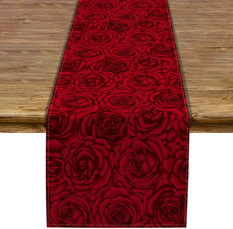 Linen 13X72'' Red Rose Table Runner Happy Valentine'S Day Wedding Table Decoration Kitchen Dining Room Decor Home & Garden > Decor > Seasonal & Holiday Decorations Sunwer   