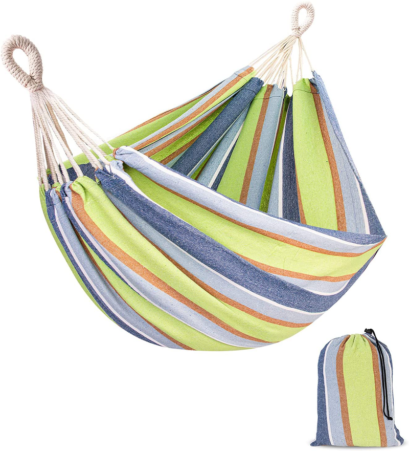 TDP-N5 Double Cotton Hammock with Hanging 2 Person Fabric Hammock Up to 450 lbs Portable Hammock with Travel Bag,Perfect for Camping Outdoor/Indoor Patio Backyard (Denim with Charcoal Frame) Home & Garden > Lawn & Garden > Outdoor Living > Hammocks TDP-N5 Light Blue Green Stripe  