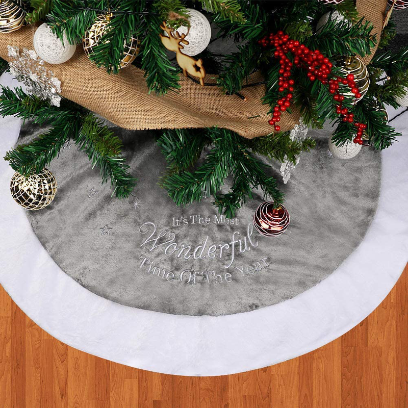 Dremisland 36" Luxury Faux Fur Christmas Tree Skirt with Snowflake Double Layers Soft Tree Skirt Xmas Holiday Party Decoration - Grey Home & Garden > Decor > Seasonal & Holiday Decorations > Christmas Tree Skirts Dremisland   