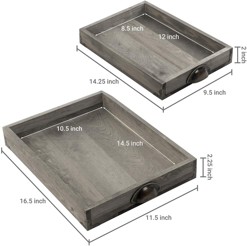 MyGift Vintage Gray Wood Trays with Antique Metal Corners and Handles for Living Room, Kitchen, Breakfast in Bed, and Coffee Table Use, Set of 2 Home & Garden > Decor > Decorative Trays MyGift   