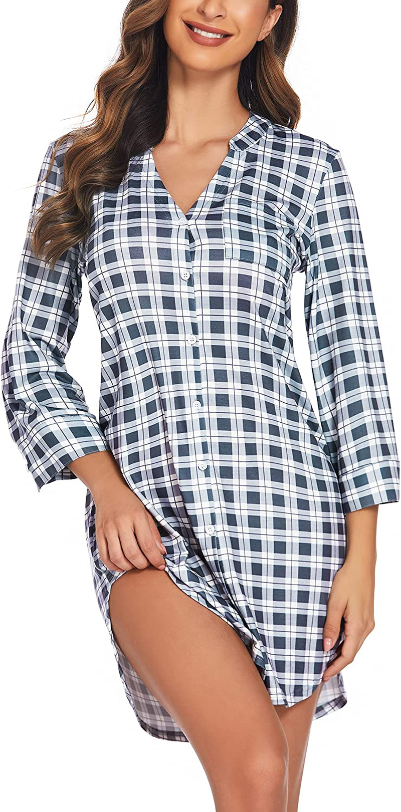Ekouaer Women'S Nightgown Striped Sleepwear 3/4 Sleeves Nightshirts Soft Button Sleep Dress Home & Garden > Decor > Seasonal & Holiday Decorations Ekouaer Pattern10-grey Plaid X-Large 