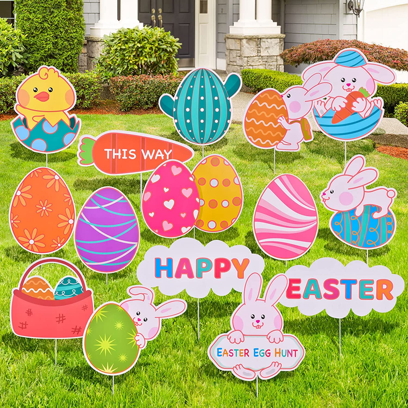 FUN LITTLE TOYS 12PCS Happy Easter Egg Yard Sign Decorations, Bunny Chicken Egg Basket, Easter Egg Hunt Game, Garden Yard Lawn Outdoor Decor, Easter Party Favors Home & Garden > Decor > Seasonal & Holiday Decorations FUN LITTLE TOYS Garden Style B  