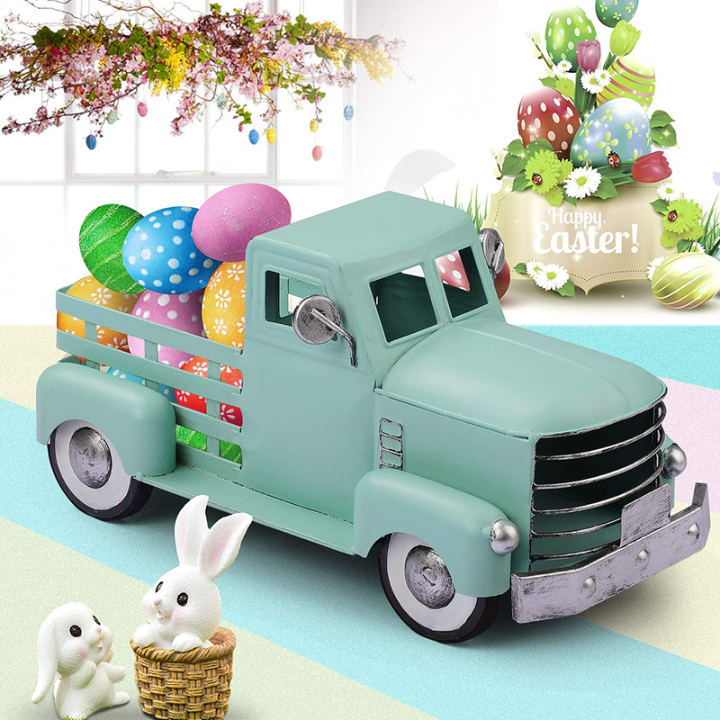 Giftchy Vintage Easter Truck Décor, Farmhouse Turquoise Truck Spring Decoration, Decorative Tabletop Storage & Pick-up Metal Truck Planter Home & Garden > Decor > Seasonal & Holiday Decorations Giftchy   