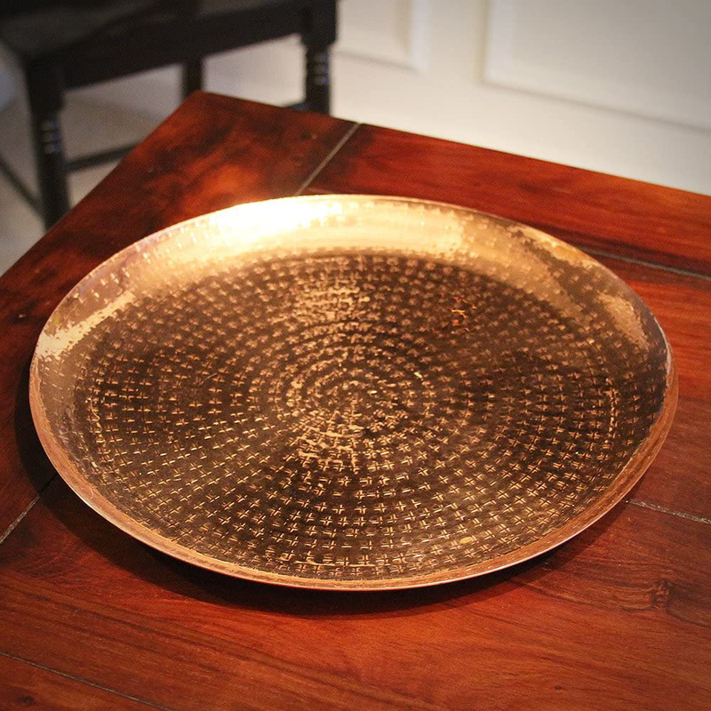 Large Contemporary Hammered Edge Pure Copper Circular Serving Party Tray - By Alchemade - 15 Inch Round Charger Platter Serving Dish