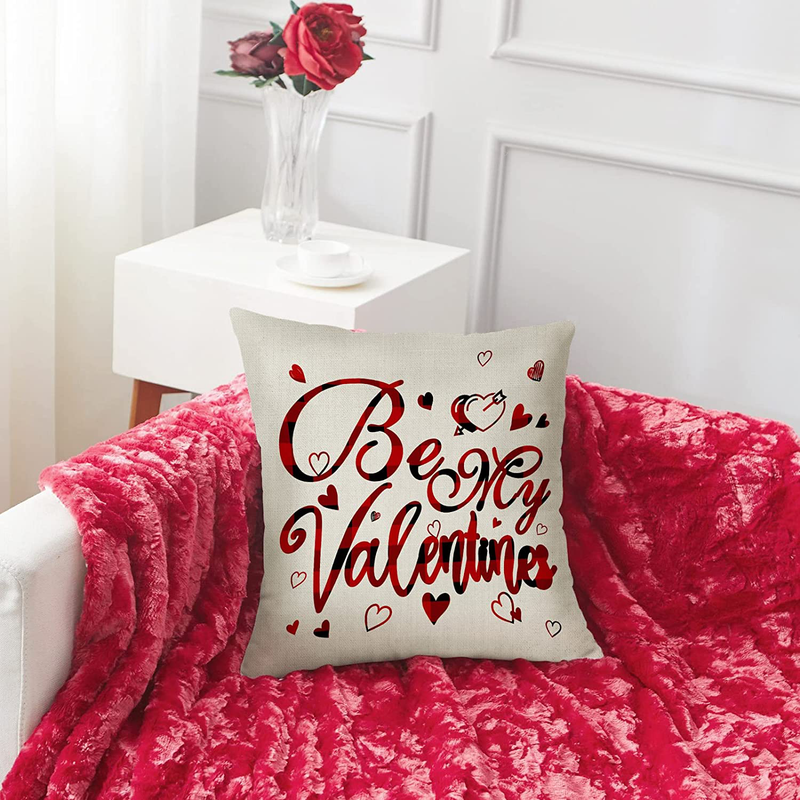 Memeden Valentine'S Day Pillow Covers 18×18 Inch Set of 4 Cotton Linen Throw Pillowcase Buffalo Plaid Decor Valentines Love Decorative Couch Cushion Covers Home & Garden > Decor > Seasonal & Holiday Decorations Mem Eden   