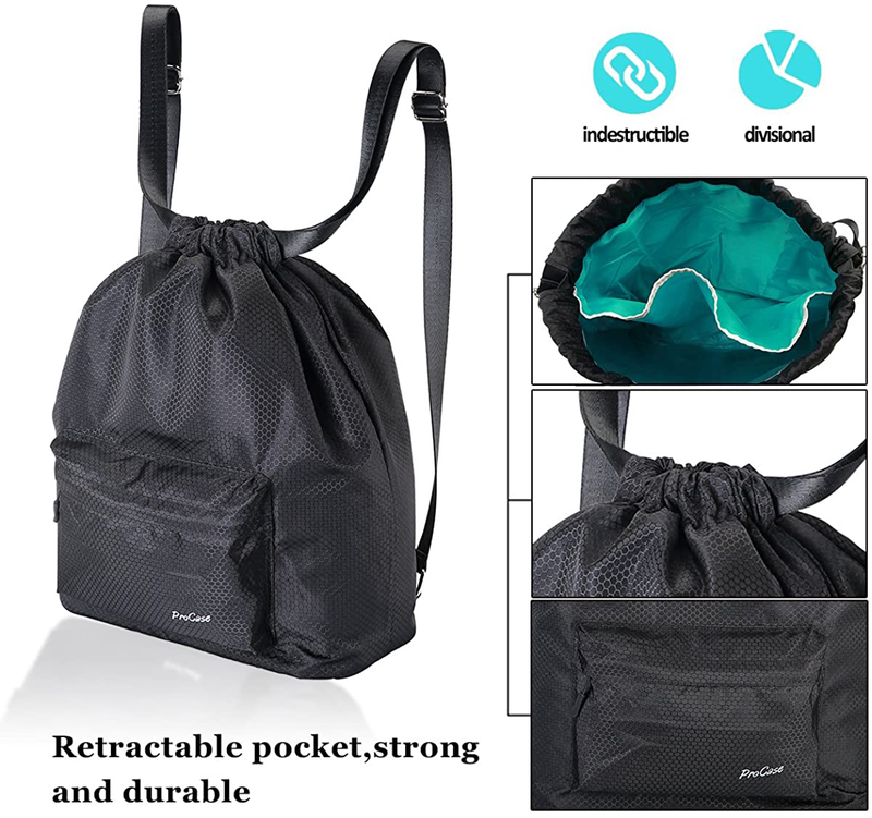 ProCase Swim Gear Pack with Wet Dry Separated, Foldable Drawstring Swim Gym Backpack for Swimming, Boating, Surfing, Pool, Beach -Black