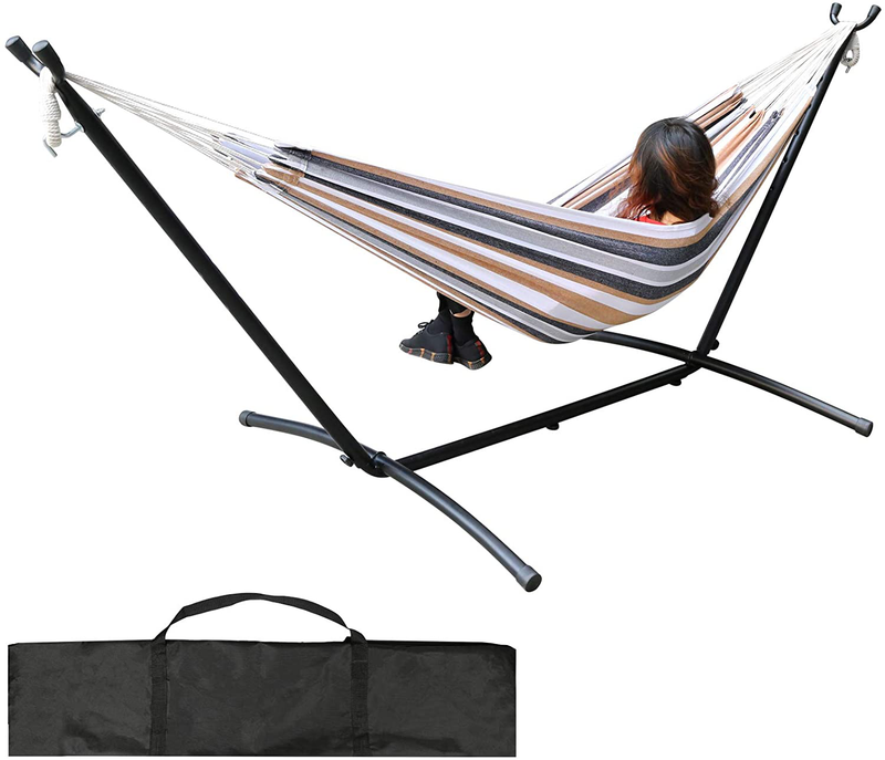 Double Hammock with Space Saving Steel Stand (450 lb Capacity - Premium Carry Bag Included) - for para Patio, Indoor and Outdoor (Blue/Green Stripes) Home & Garden > Lawn & Garden > Outdoor Living > Hammocks Nromant Coffee/Blue Stripes  