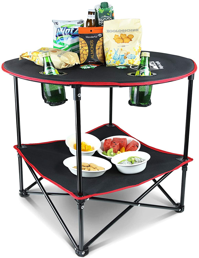 Langma Portable Camping Table, Canvas Outdoor Table Foldable Picnic Table with 4 Mesh Cup Holders and Bench Bags, Collapsible Ultralight Folding Table for Outdoor, BBQ, Beach, Hiking, Black+Red Sporting Goods > Outdoor Recreation > Camping & Hiking > Camp Furniture Ningbolangma Round  