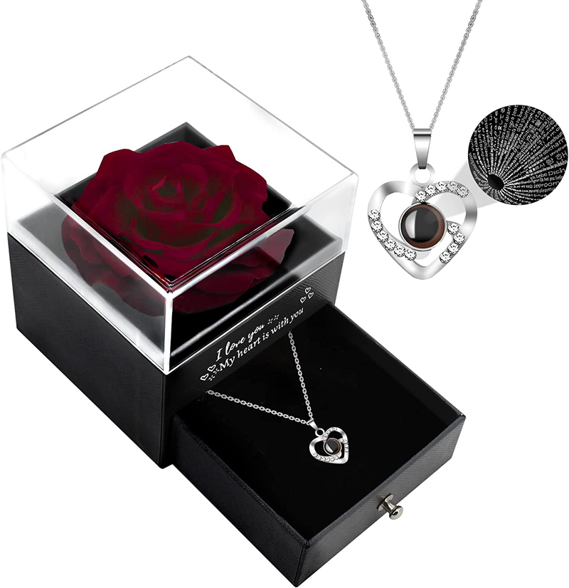 Preserved Real Rose with I Love You Necklace in 100 Languages Enchanted Rose Eternal Flower Gifts for Her Mom Wife Girlfriend on Christmas Valentines Day Mothers Day Birthday Anniversary (Wine Red) Home & Garden > Decor > Seasonal & Holiday Decorations Extenuating Threads Wine Red  