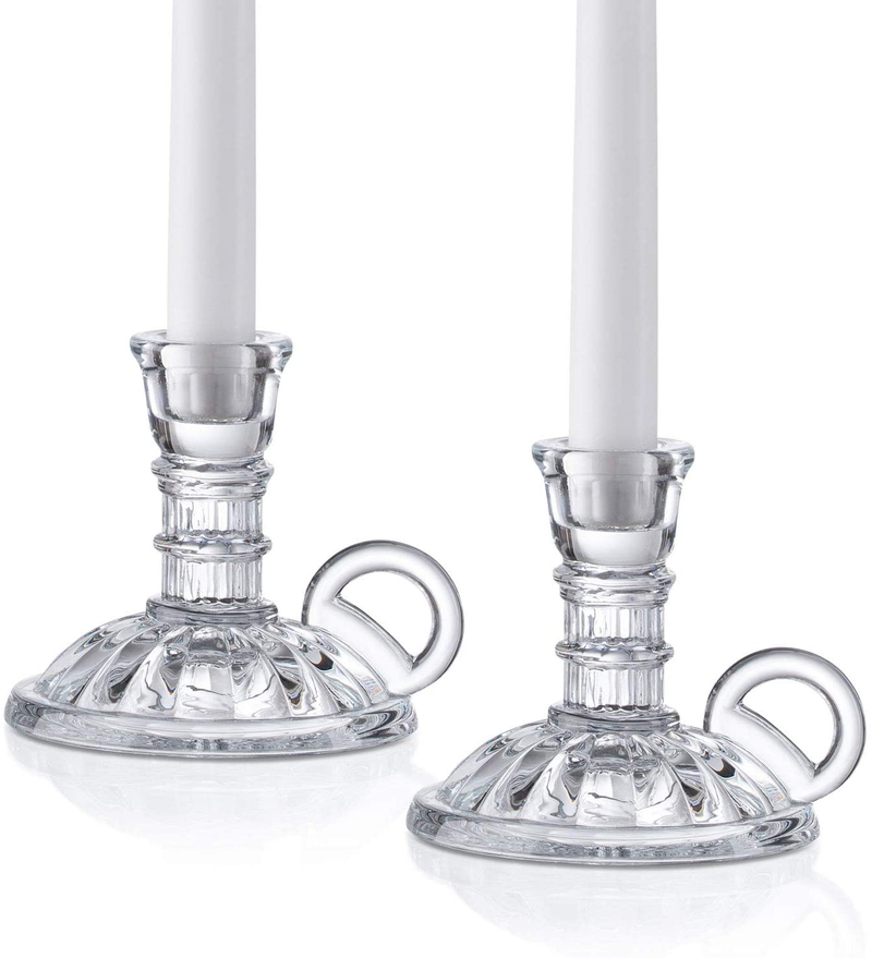Glass Chamberstick Candle Holder - Antique Candlestick Style with Handle, Fits Standard Taper Candles, 4 Inch Tall, Clear Glass, Fall/Thanksgiving Centerpiece, Vintage Window Decoration - Set of 2 Home & Garden > Decor > Home Fragrance Accessories > Candle Holders LampLust   