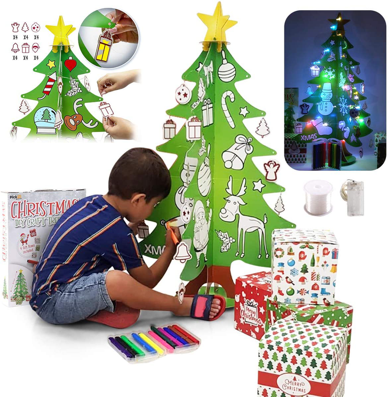 PickMe DIY Craft Christmas Tree for Kids | Mini 3D Coloring Xmas Tree with 24 Ornaments, 12 Washable Markers, 4 Gift Boxes, 3M LED Strip Light | for Home & Classroom (6Pcs 2.95ft) Home & Garden > Decor > Seasonal & Holiday Decorations > Christmas Tree Stands PickMe 35.4-Inch  
