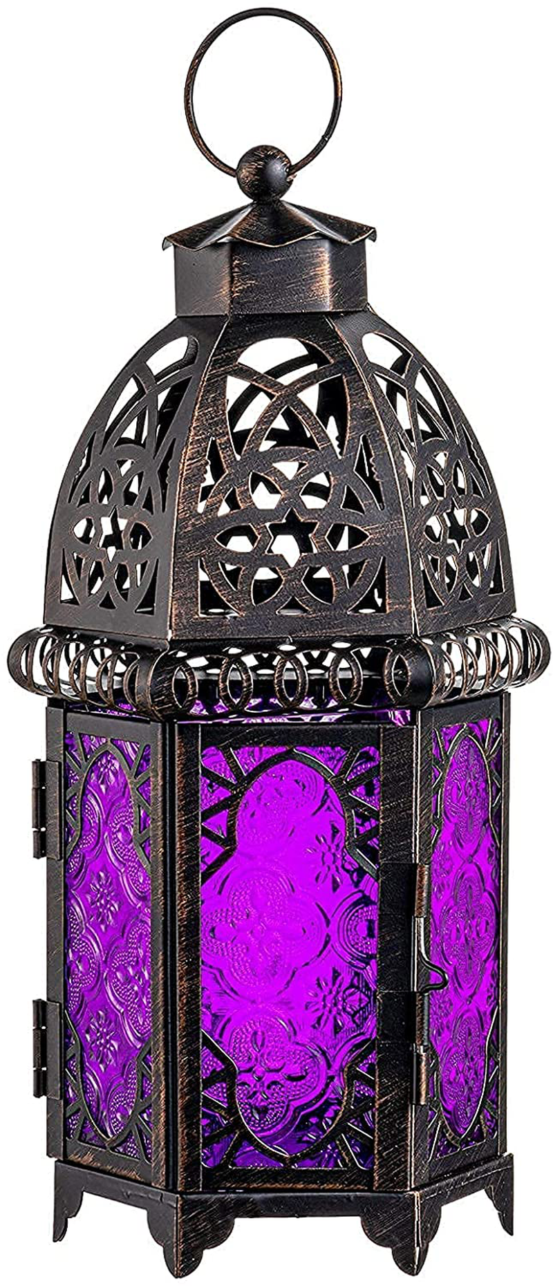 DECORKEY Vintage Large Size Candle Lantern, 12.8inch Moroccan Style Decorative Hanging Lantern, Metal Tabletop Lantern, Halloween Candle Holders for Outdoor Patio (Amber) Home & Garden > Decor > Home Fragrance Accessories > Candle Holders DECORKEY Purple  