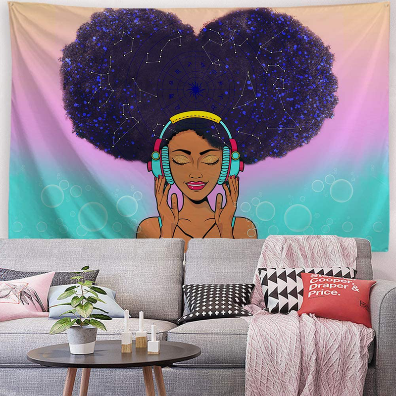 ORTIGIA African American Black Girl Tapestry Wall Hanging Home Decor,Constellation Theme for Bedroom,Kids Room,Living Room,Dorm,Office Polyester Fabric Needles Included - 60" W x 40" L (150cmx100cm) Home & Garden > Decor > Seasonal & Holiday Decorations ORTIGIA   