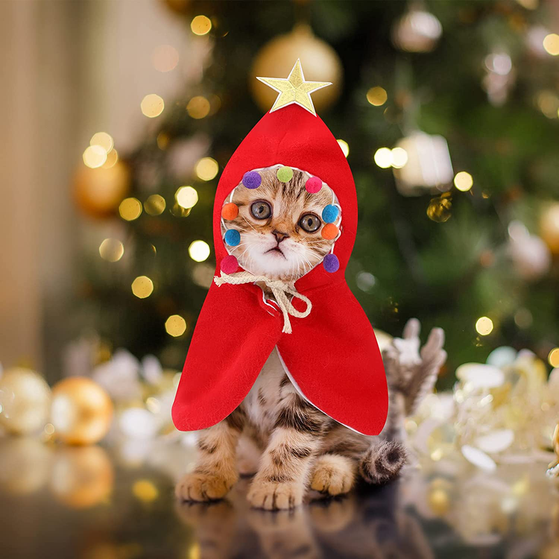 Lewondr Cat Dog Christmas Costume - Xmas Cloak with Star and Pompoms Pet Santa Cape with Santa Hat Party Cosplay Dressing up for Cats and Small Medium Dogs Christmas Outfit Clothes Costumes Animals & Pet Supplies > Pet Supplies > Cat Supplies > Cat Apparel Lewondr Red Large 