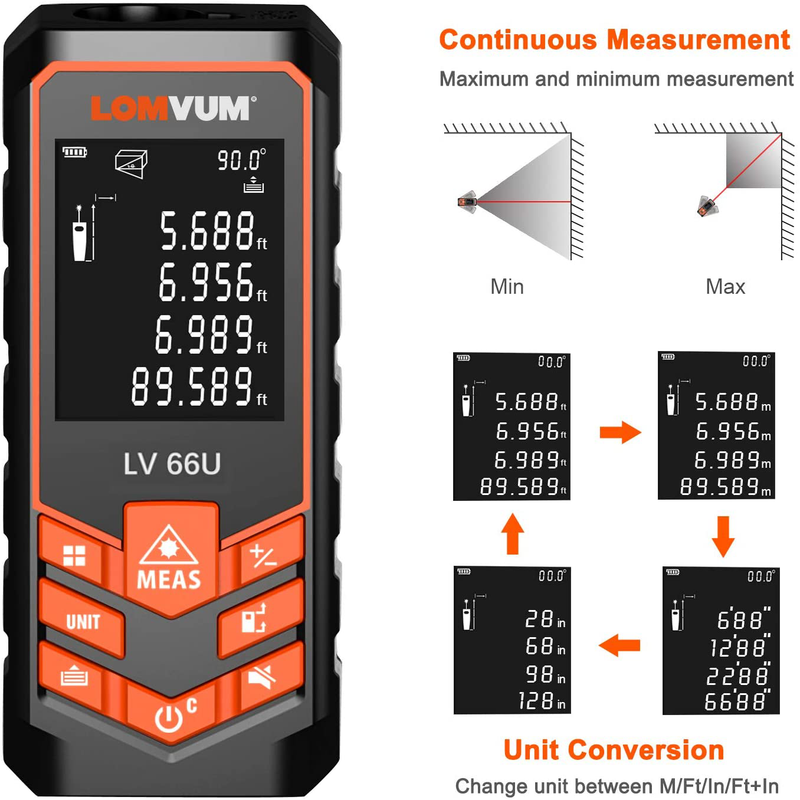 Laser Measure 393Ft - LOMVUM Laser Tape Measure Laser Measurement Tool with M/In/Ft Unit Switching, Backlit LCD, Pythagorean Mode, Measure Distance, Area and Volume - Carry Pouch and Battery Included Hardware > Tools > Measuring Tools & Sensors Lomvum   
