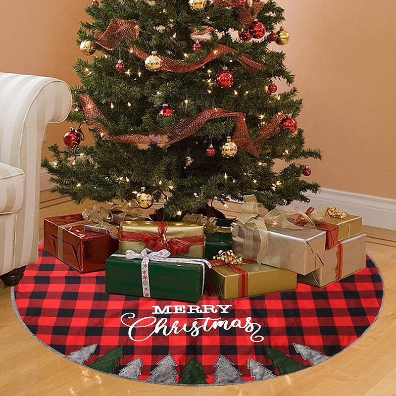 Juegoal 48 Inch Christmas Tree Skirt, Soft Red and Black Plaid Christmas Tree Mat for Xmas Party Decoration, Christmas Tree Holiday Decor