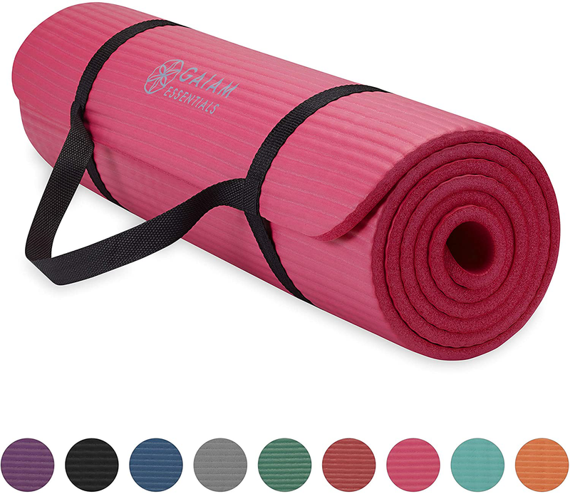 Gaiam Essentials Thick Yoga Mat Fitness & Exercise Mat with Easy-Cinch Yoga Mat Carrier Strap, 72"L x 24"W x 2/5 Inch Thick  Gaiam Pink  