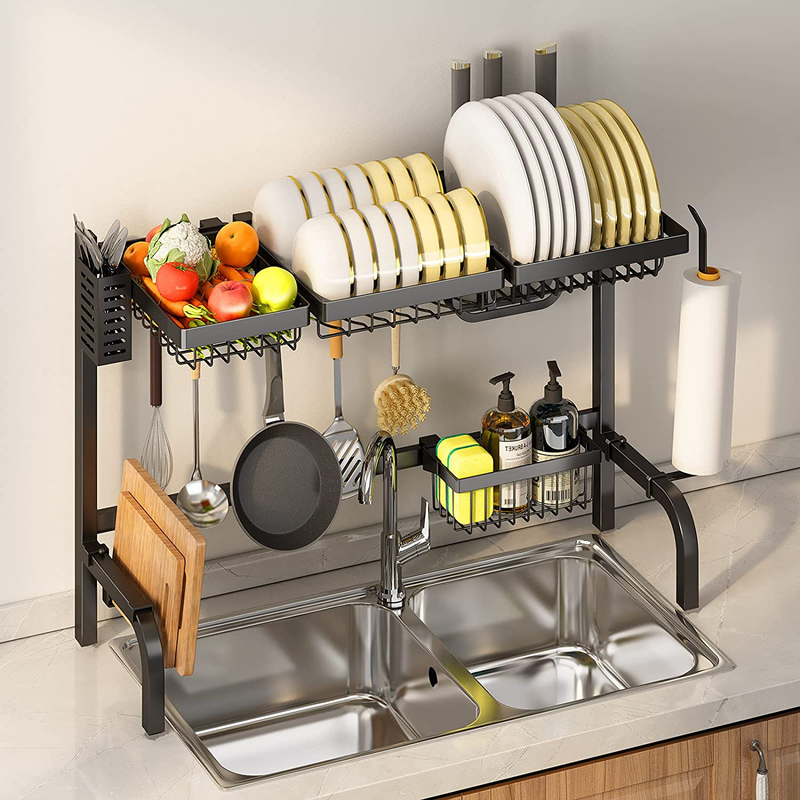 Parosan Dish Drying Rack over Sink Adjustable (33.85"-40.9"), 2 Tier Stainless Steel Expandable Dish Rack Drainer with 6 Utility Hooks, Kitchen Counter Organizer Storage Space Saver Shelf (Black)