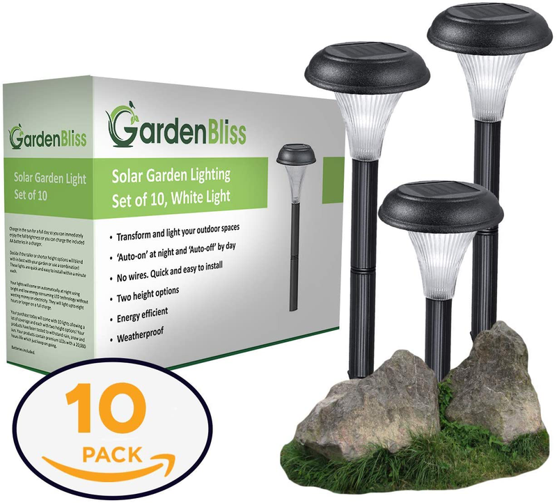 GardenBliss Best Solar Lights for Outdoor Pathway, 10 Brightest Light Set for Walkway, Patio, Path, Lawn, Garden, Yard Decor, Double Waterproof Seal, Large Led Landscape Outside Post Lighting Lamps
