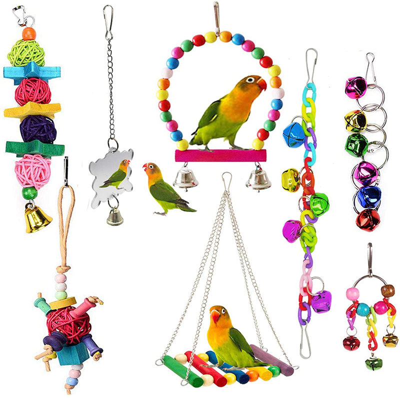 ESRISE 8 Pcs Bird Parakeet Cockatiel Parrot Toys, Hanging Bell Pet Bird Cage Hammock Swing Toy Wooden Perch Chewing Toy for Small Parrots, Conures, Love Birds, Finches Animals & Pet Supplies > Pet Supplies > Bird Supplies > Bird Toys ESRISE Default Title  