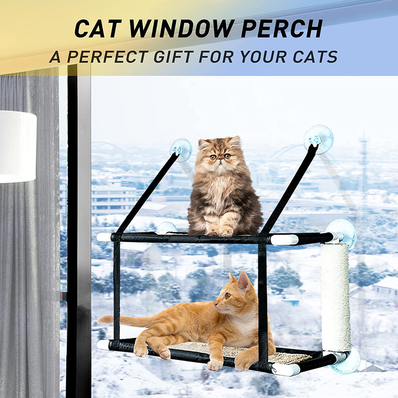 Elfsky Cat Window Perch, Double-Layered Cat Window Seat with Two Cat Beds and Cat Scratching Post, Extra Large Cat Window Bed Cat Resting Seat for Indoor Cats