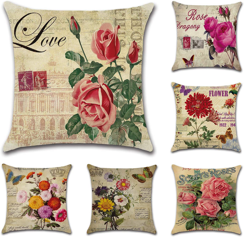 Tebery 6 Pack Vintage Flower Style Throw Pillow Covers Cases Cotton Linen Square Decorative Cushion Covers for Sofa,Couch - 18 X 18 Inches Home & Garden > Decor > Chair & Sofa Cushions Tebery   