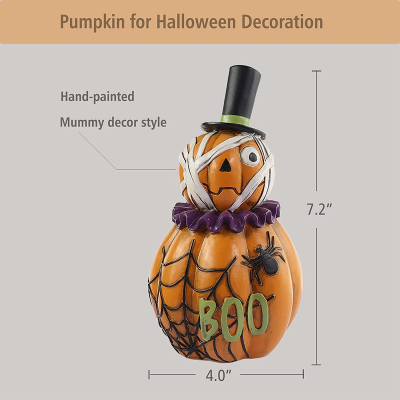 Halloween Pumpkin Decorations Indoor, Resin Mummy Pumpkin Figurine for Home Table Decor Halloween Party, Orange