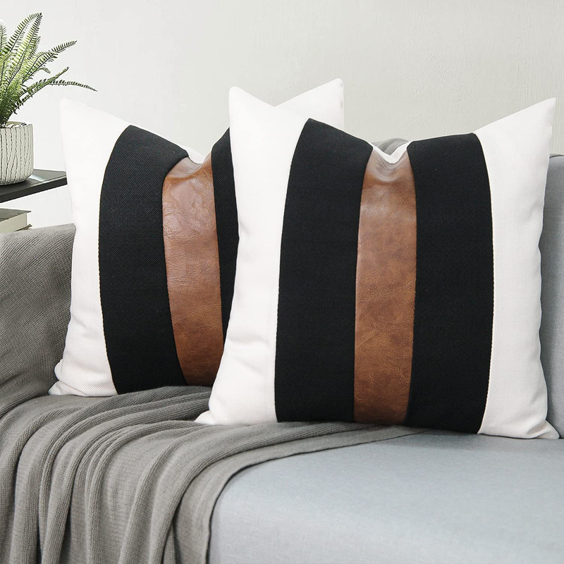 JASEN Set of 2 Faux Leather and Linen Throw Pillow Covers 18X18 Inch Black and White Modern Farmhouse Decorative Accent Cushion Covers for Couch Sofa Home & Garden > Decor > Chair & Sofa Cushions JASEN   