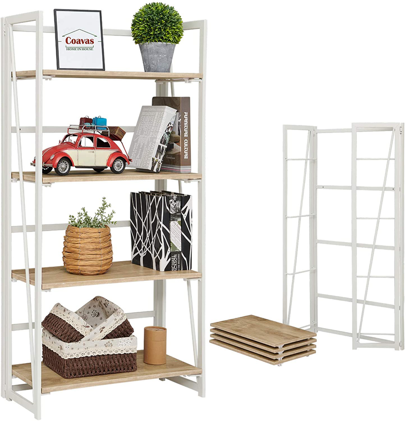 Coavas Folding Bookshelf Home Office Industrial Bookcase No Assembly Storage Shelves Vintage 4 Tiers Flower Stand Rustic Metal Book Rack Organizer, 23.6 X 11.8 X 49.4 Inches Home & Garden > Household Supplies > Storage & Organization Coavas Oak 23.6 X 11.8 X 49.4 Inches 
