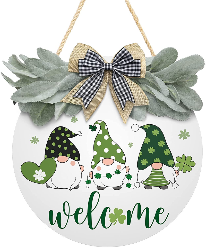 St Patrick'S Day Wreath for Front Door Decor Welcome Sign Shamrock Gnomes Pattern Hanging Door Sign with Greenery & Bow Wooden round St Patricks Day Decoration for the Home Farmhouse Decor 12X12 Inch Arts & Entertainment > Party & Celebration > Party Supplies Asoulin WHITE  