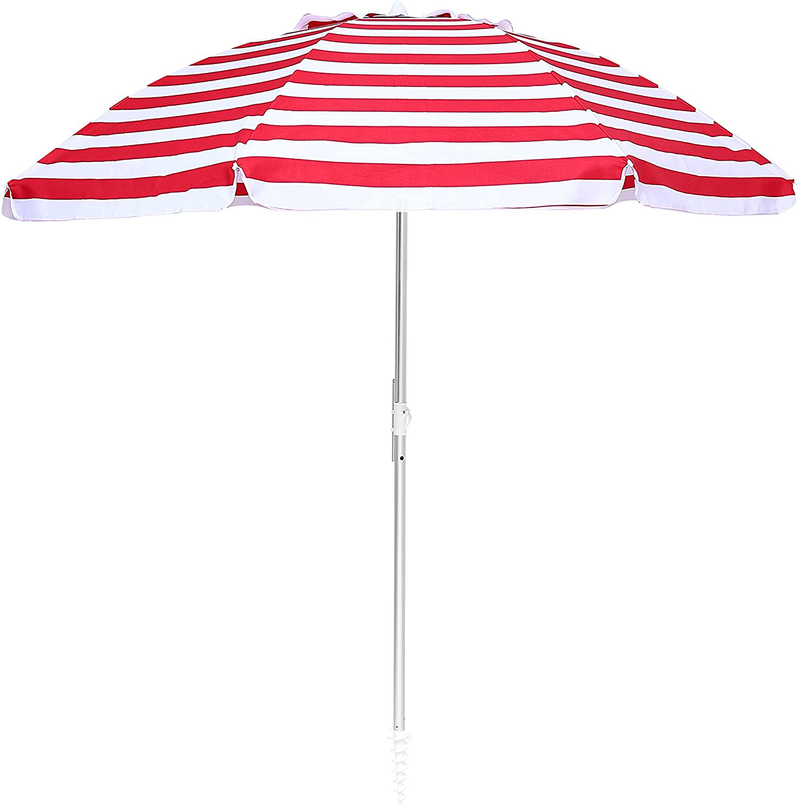 Juserox 6.5 FT Beach Umbrella UV 50+ Portable Outdoor Sunshade with Carry Bag and Sand Anchor & Tilt Mechanism, for Patio Outdoor Garden Beach(Blue Green Stripe Blue) Home & Garden > Lawn & Garden > Outdoor Living > Outdoor Umbrella & Sunshade Accessories Juserox Red White Stripe 6.5 FT 