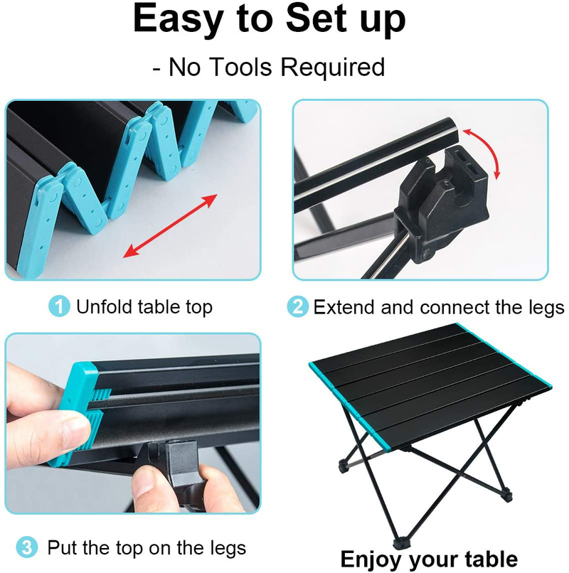 Folding Camping Table Portable Camping Side Tables with Aluminum Table Top with Carrying Bag, Waterproof Fold up Lightweight Table for Picnic Camp Beach Outdoor BBQ Cooking, Beach Tables Black