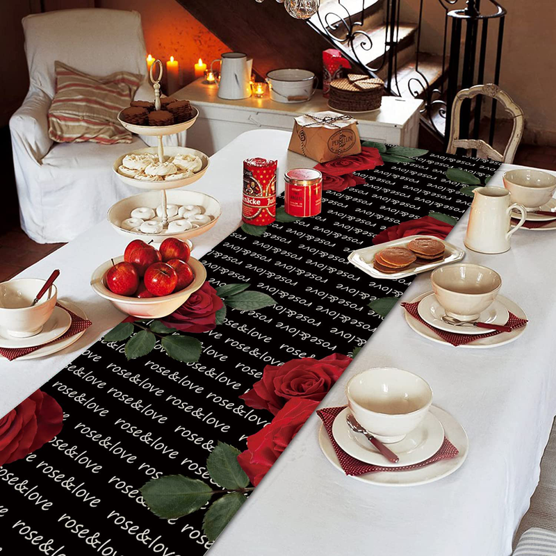 GAGEC Valentines Day Table Runner Rose Love Happy Valentine'S Day 13 X 72 Inch Black Table Runners Dining Indoor Outdoor Decorations Home Kitchen Party Wedding Anniversary Decor Home & Garden > Decor > Seasonal & Holiday Decorations GAGEC   