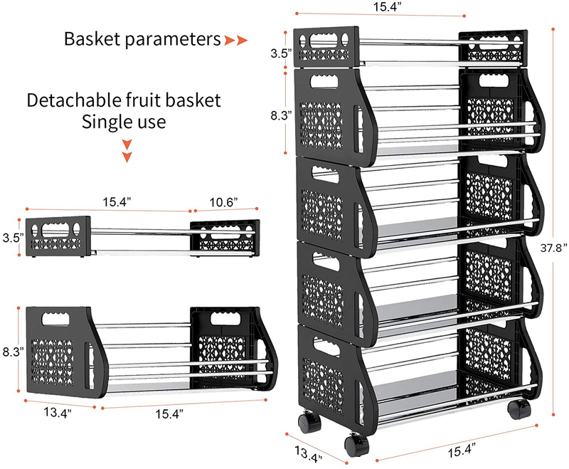 Fruit Vegetable Storage Basket, 5 Tier Stackable Kitchen Baskets Fruit and Vegetable Stand Rack with Wheels, Storage Cart for Kitchen Pantry Closet, Free-Standing Organizer