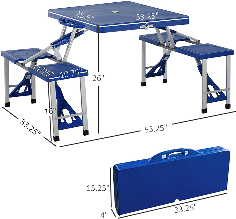 Outsunny Portable Foldable Camping Picnic Table Set with Four Chairs and Umbrella Hole, 4-Seats Aluminum Fold up Travel Picnic Table, Blue