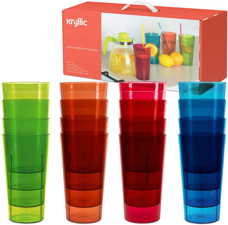 Kryllic Drinking Glasses Plastic Tumblers Drinkware Kids Cups - Acrylic Tumbler Set of 16 Break Resistant 20 oz. in 4 Assorted Colors Tumbler Cups Tumblers Dishwasher Safe and BPA Free Home & Garden > Kitchen & Dining > Tableware > Drinkware Kryllic Assorted  