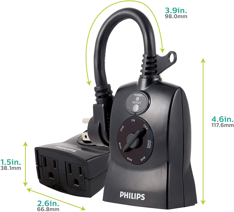 Philips Light-Sensing Plug-in Outdoor Mechanical Timer, Preset/Countdown, Dawn-to-Dusk, 2 Polarized Outlets, Override Switch, Ideal for landscape, Seasonal Lighting, Décor, SPC1240AT/27 Home & Garden > Lighting Accessories > Lighting Timers PHILIPS   