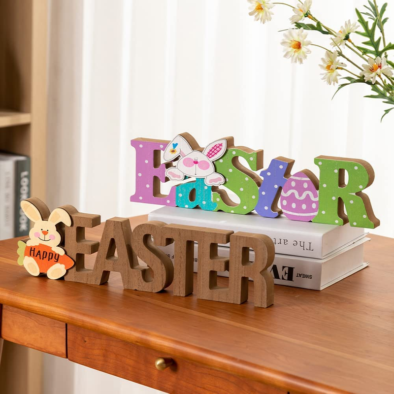 Easter Decorations for the Home, Hogardeck 2 Pcs Rustic Happy Easter Wood Sign Colorful Wooden Block Signs Table Centerpiece Farmhouse Easter Bunny Eggs Decor for Party Fireplace Tiered Tray Office