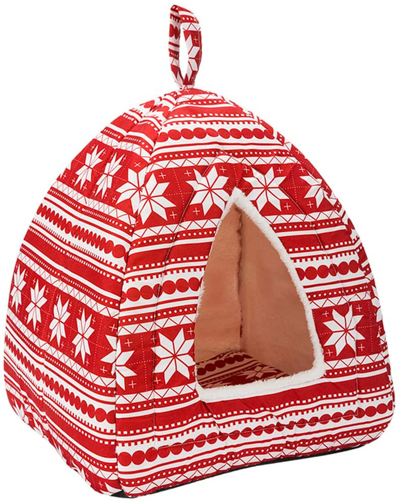 Hollypet Self-Warming 2 in 1 Foldable Comfortable Triangle Cat Bed Tent House Christmas Pet Bed Animals & Pet Supplies > Pet Supplies > Cat Supplies > Cat Beds Hollypet Red Snow Line  
