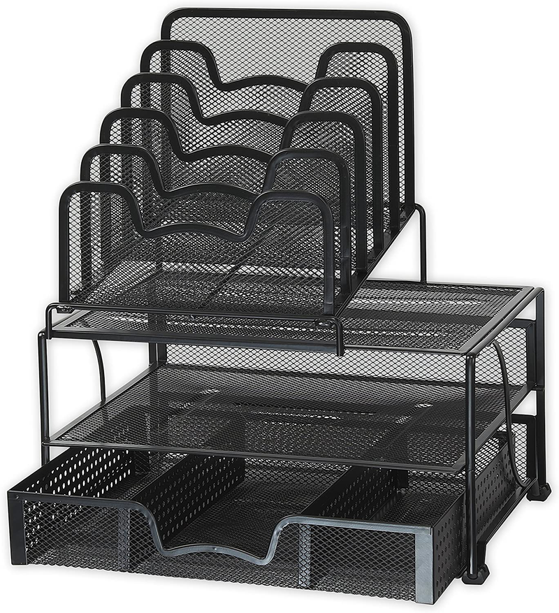 SimpleHouseware Mesh Desk Organizer with Sliding Drawer, Double Tray and 5 Stacking Sorter Sections, Black Office Supplies > General Office Supplies Simple Houseware   