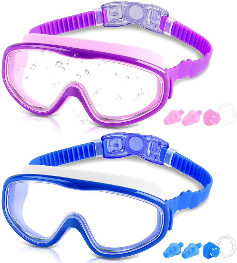 COOLOO Kids Goggles for Swimming for Age 3-15, 2 Pack Kids Swim Goggles with nose cover, No Leaking, Anti-Fog, Waterproof Sporting Goods > Outdoor Recreation > Boating & Water Sports > Swimming > Swim Goggles & Masks COOLOO J. Purple+blue  